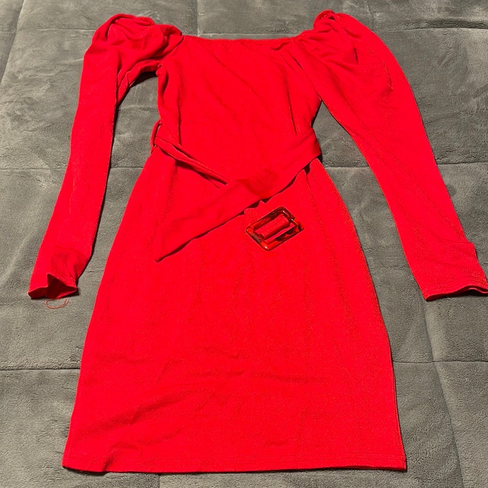 Red off the shoulder mini dress with belt